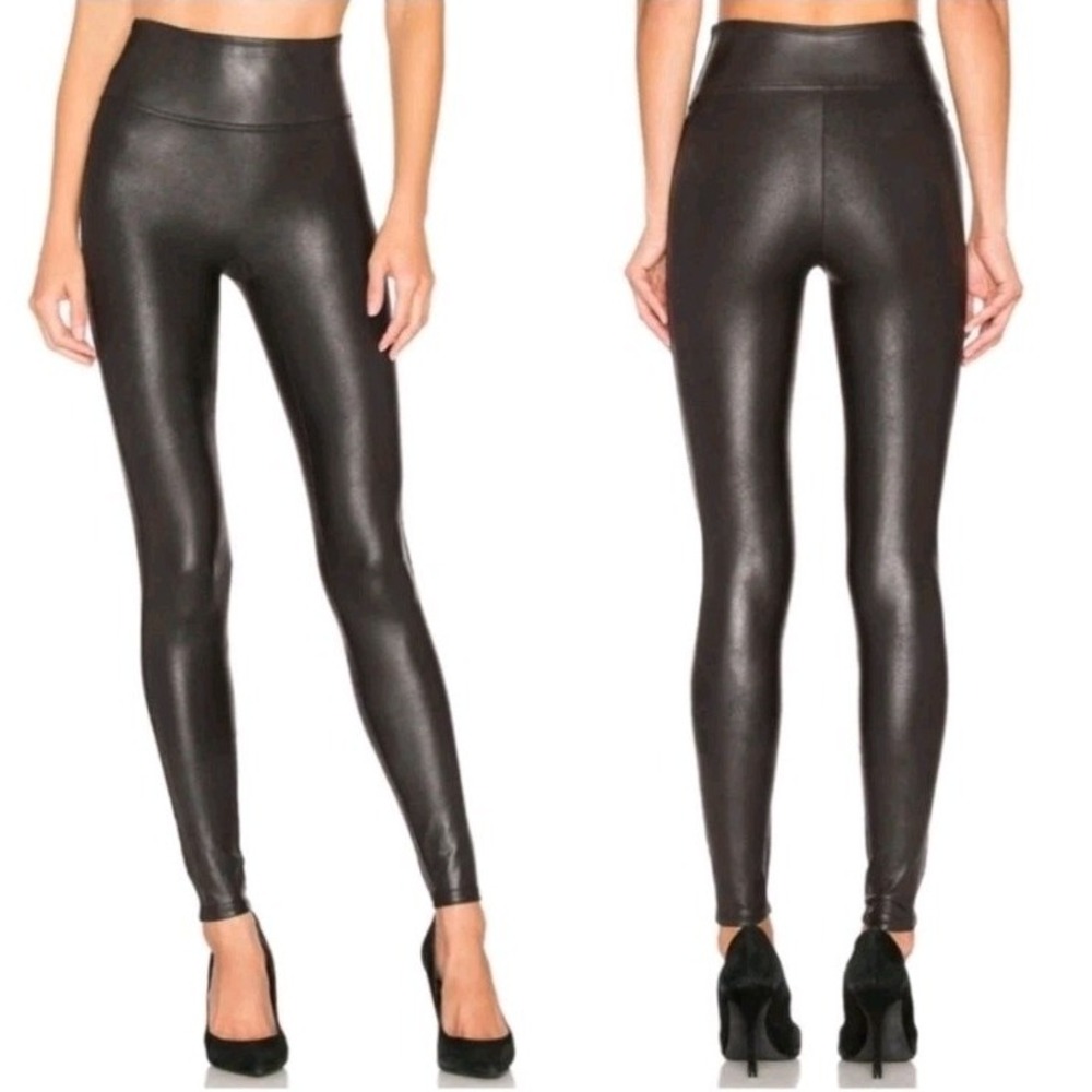 SPANX Faux‎ Leather Stretch Shimmer Compression Leggings Black Sz M Shape Wear